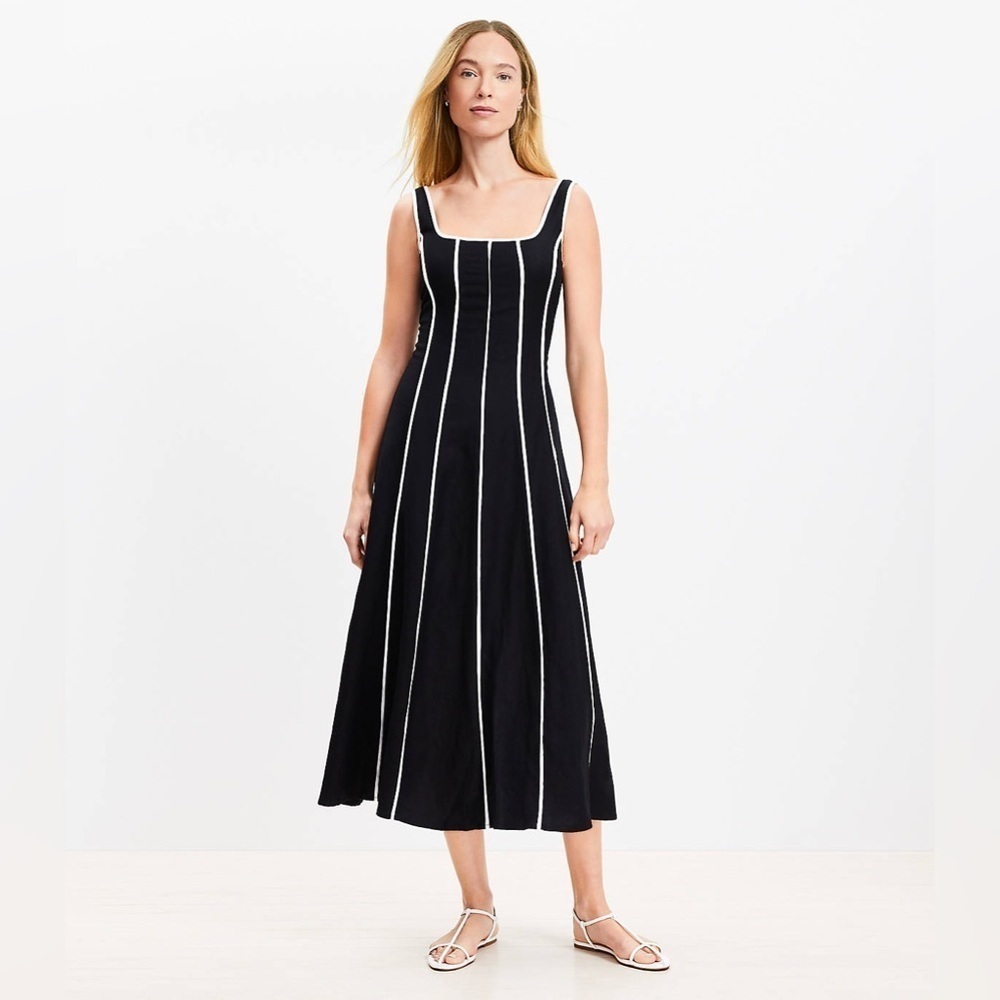 Loft Seamed Linen Blend Midi Dress Black White Preppy Feminine Chic